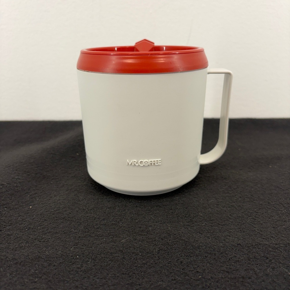 Mr. Coffee Vintage Travel Mug White Red Insulated Plastic Coffee Cup with Lid